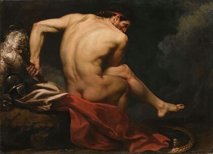 A Naked Warrior, Seated On A Rock Beside His Shield And Plumed Helmet