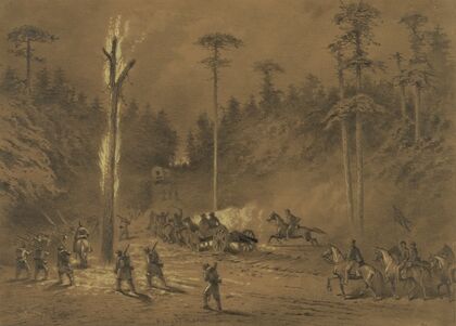 A night march. The army going into action through the woods