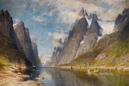 A Norwegian fjord (possibly the Sognefjord)