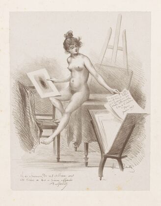 A nude model looks at prints (1897)