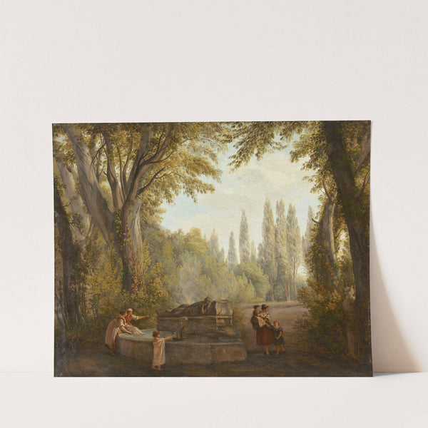 A park landscape with women and children beside a fountain by Abraham-Louis-Rodolphe Ducros
