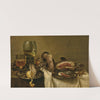 A partially draped table with an overturned tazza, roemer and glass of beer, with a partially peeled lemon and ham on pewter plates by Willem Claesz Heda