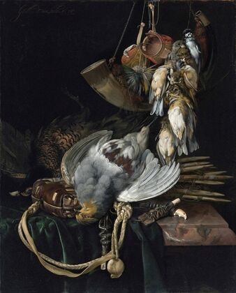 A Partridge, A Pheasant, A Hunting Bag And Traps On A Partially Draped Ledge, Songbirds, A Hunting Horn And Hawking Hoods Hanging Above