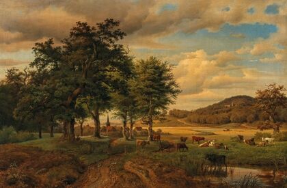 A Pasture Landscape with Cows, in the Background a Village