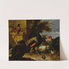 A peacock, pea-hen, pheasant, turkey, cockerel and chick by a wall, a landscape beyond by Melchior d'''Hondecoeter