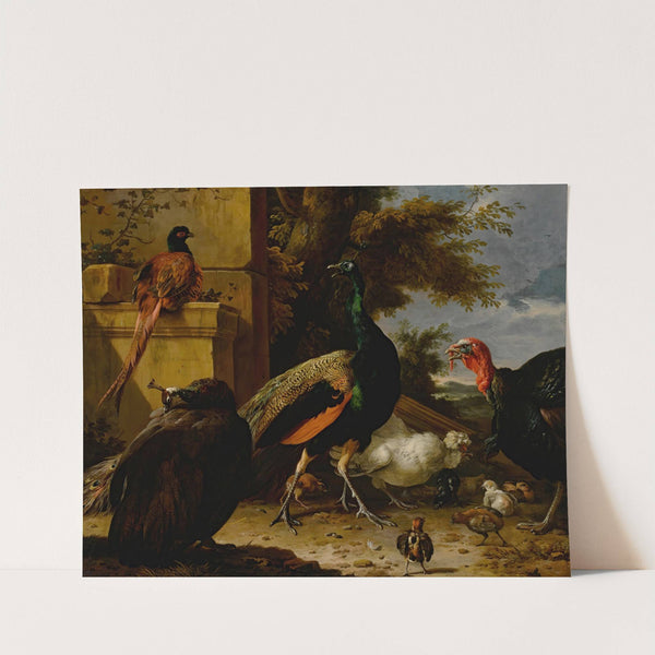 A peacock, pea-hen, pheasant, turkey, cockerel and chick by a wall, a landscape beyond by Melchior d'''Hondecoeter