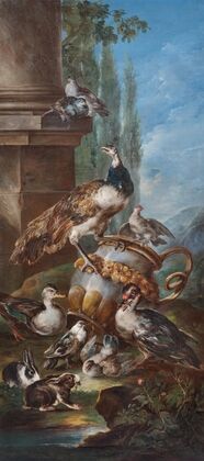 A peacock, pigeons, ducks and rabbits in an idealised landscape — size preview