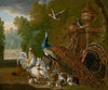 A peacock, turkey, cockerel, hen, pigeons, other birds and rabbits in a park landscape