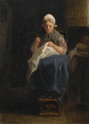 A peasant girl sewing