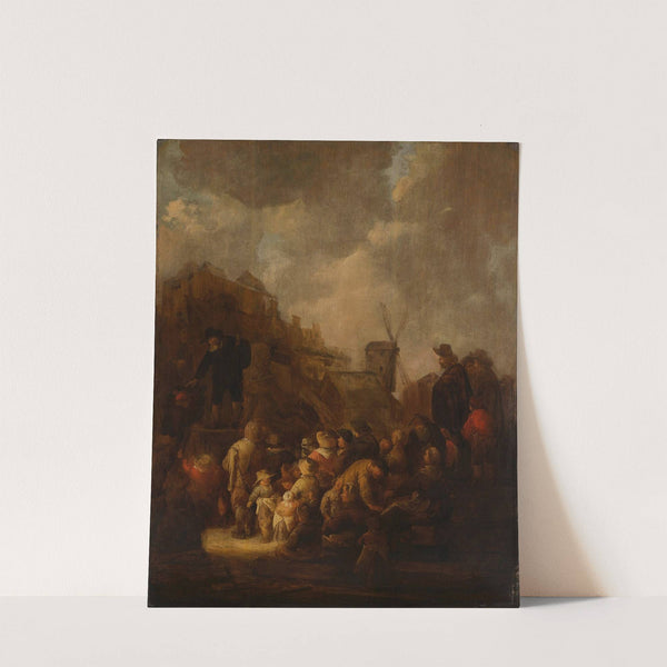 A peddler before a crowd of villagers in a town square by Benjamin Gerritsz. Cuyp