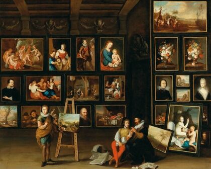A Picture Gallery With Two Collectors And A Painter At His Easel