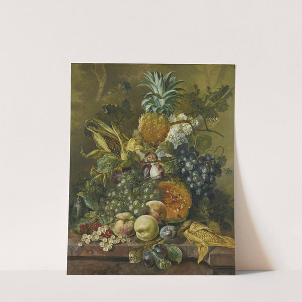 A pineapple, plums, grapes and other fruit with corn on a marble ledge by Jacobus Linthorst