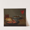A plate with prawns and a roll, a bowl with olives, a façon de Venise, a glass of beer and almonds on a table by Jacob Foppens van Es