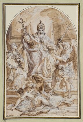 A pope enthroned and flanked by an angel with a book and St Michael slaying a Turk
