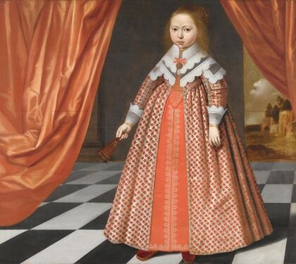 A Portrait Of A Young Girl By A Draped Red Curtain, A Landscape Beyond