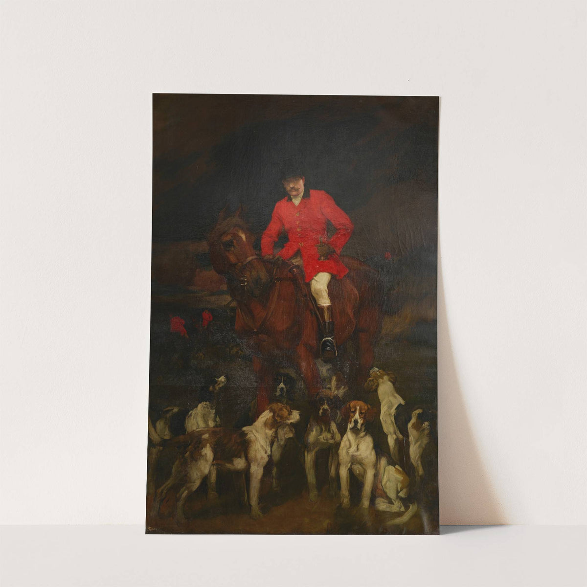 A portrait of Lord R. Alison Johnson on horseback with his hounds ready to set out by Charles Wellington Furse