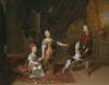 A Portrait Of Two Sisters And Their Brother Playing With A Dog