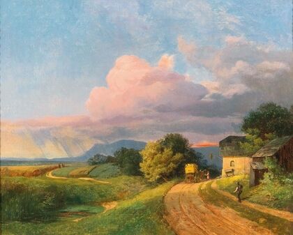 A post coach resting at dusk