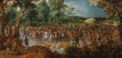 A procession of soldiers on horseback at the entrance of a forest