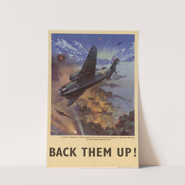 A Raid by &#039;Hudsons&#039; of the Coastal Command on German Shipping at Aalesund, Norway, in which Eleven Ships were Hit - Back Them Up! by Charles E Turner