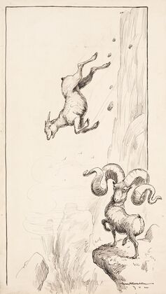 A ram with huge horns tips over because of the weight, while a ram with much smaller horns laughs. (1904)