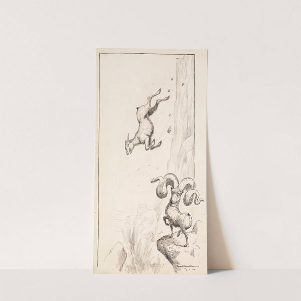 A ram with huge horns tips over because of the weight, while a ram with much smaller horns laughs. (1904) by William Henry Walker