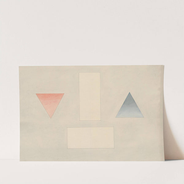 A red triangle pointing downwards, a blue triangle pointung upwards, and two floating rectangles by David Humbert de Superville