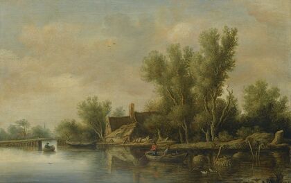 A River Estuary With Two Peasants Fishing In A Rowing Boat Near A Farmhouse