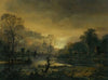 A River Landscape At Sunset With Fishermen Drawing In Their Net In The Foreground, Windmills Beyond
