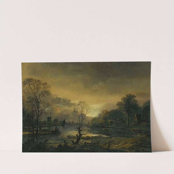 A River Landscape At Sunset With Fishermen Drawing In Their Net In The Foreground, Windmills Beyond by Aert van der Neer