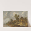 A river landscape with a ferry and fisherfolk, a carriage on a bridge near houses to the right by Pieter de Molijn