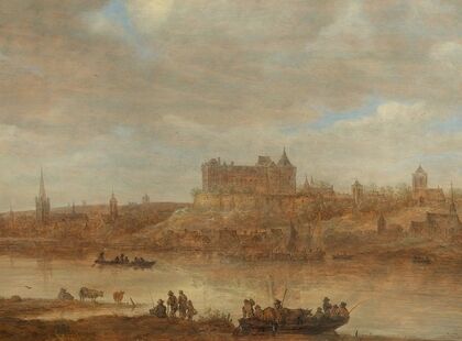 A river landscape with a ferry boat and a castle by a town beyond