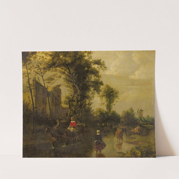 A river landscape with a horse-drawn cart carrying a lady with baskets of vegetables across a ford next to a castle by Jan Siberechts
