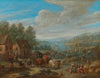 A river landscape with a village and travellers