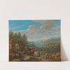 A river landscape with a village and travellers by Karel Breydel