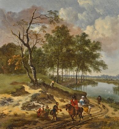 A river landscape with elegant travelers and a beggar in a dune landscape