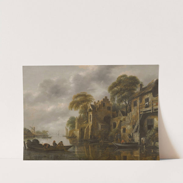 A River Landscape With Fishermen Loading Their Nets Beside A Town by Nicolaes Molenaer