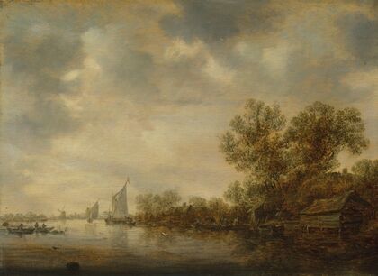A river landscape with sailing vessels, fishermen’s boats and a ferry with peasants and cattle