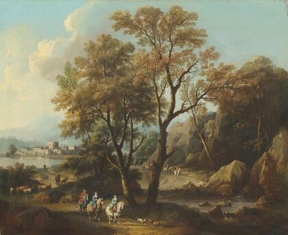 A river landscape with travellers on a path