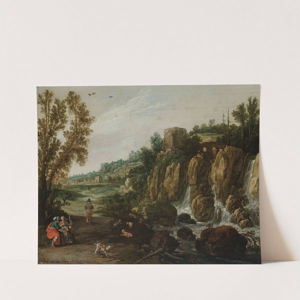 A rocky landscape with a waterfall and Ruth and Boaz (1625) by Esaias van de Velde