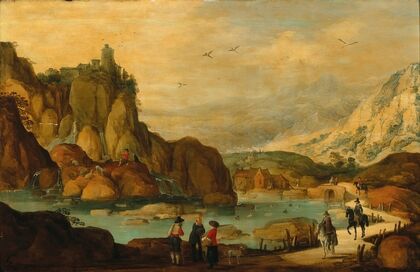 A rocky landscape with travellers on horseback near a stream