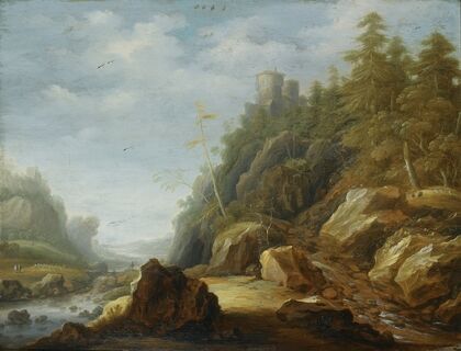 A Rocky Mountain Landscape With A Stronghold On A Hill Top, Shepherds With Their Flock Beyond