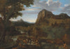 A rocky river landscape with fishermen