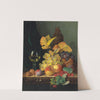 A roemer, grapes, peaches, plums, raspberries and walnuts on a wooden ledge by Edward Ladell
