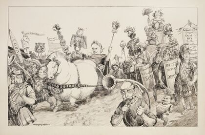 A Roman victory parade, with the Trusts in the front and ‘Queen Rose’ (Theodore Roosevelt) and the Republican Party behind. (1901)