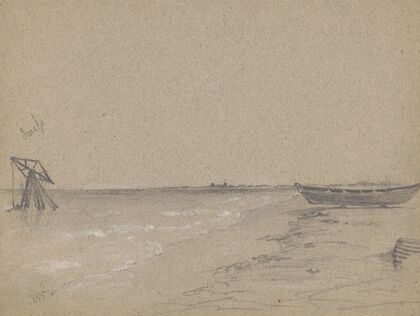 A rowboat sitting on logs on the shore of a river or bay with a derrick-like drilling or pumping device just offshore (1855)