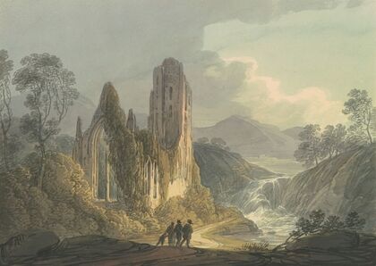 A Ruined Abbey by a Waterfall