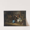 A rustic interior with a seated woman and other figures making merry by Gerrit Lundens