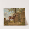 A saddled bay hunter with two hounds outside a stable by Charles Towne