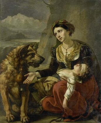 A Saint Bernard Dog Comes to the Aid of a lost Woman with a sick Child — size preview
